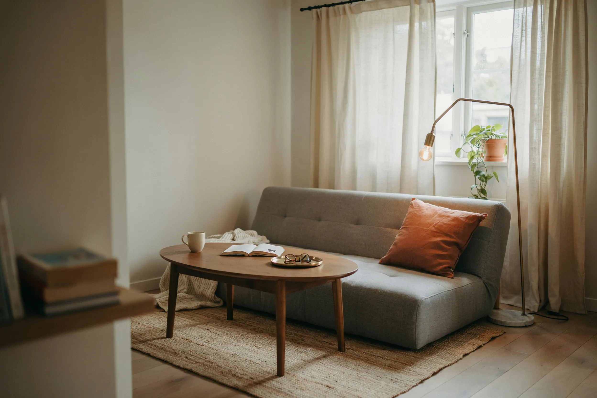 First apartment living room corner with a gray futon, a round wood coffee table, a jute rug, and sheer curtains lit by a floor lamp